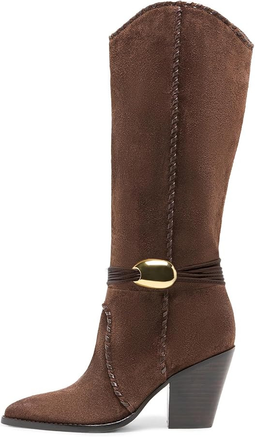 KISSASA Cowboy Knee High Boots Western Cowgirl Stacked Block Heel Pointed Toe Pull On Slouchy Tal... | Amazon (US)