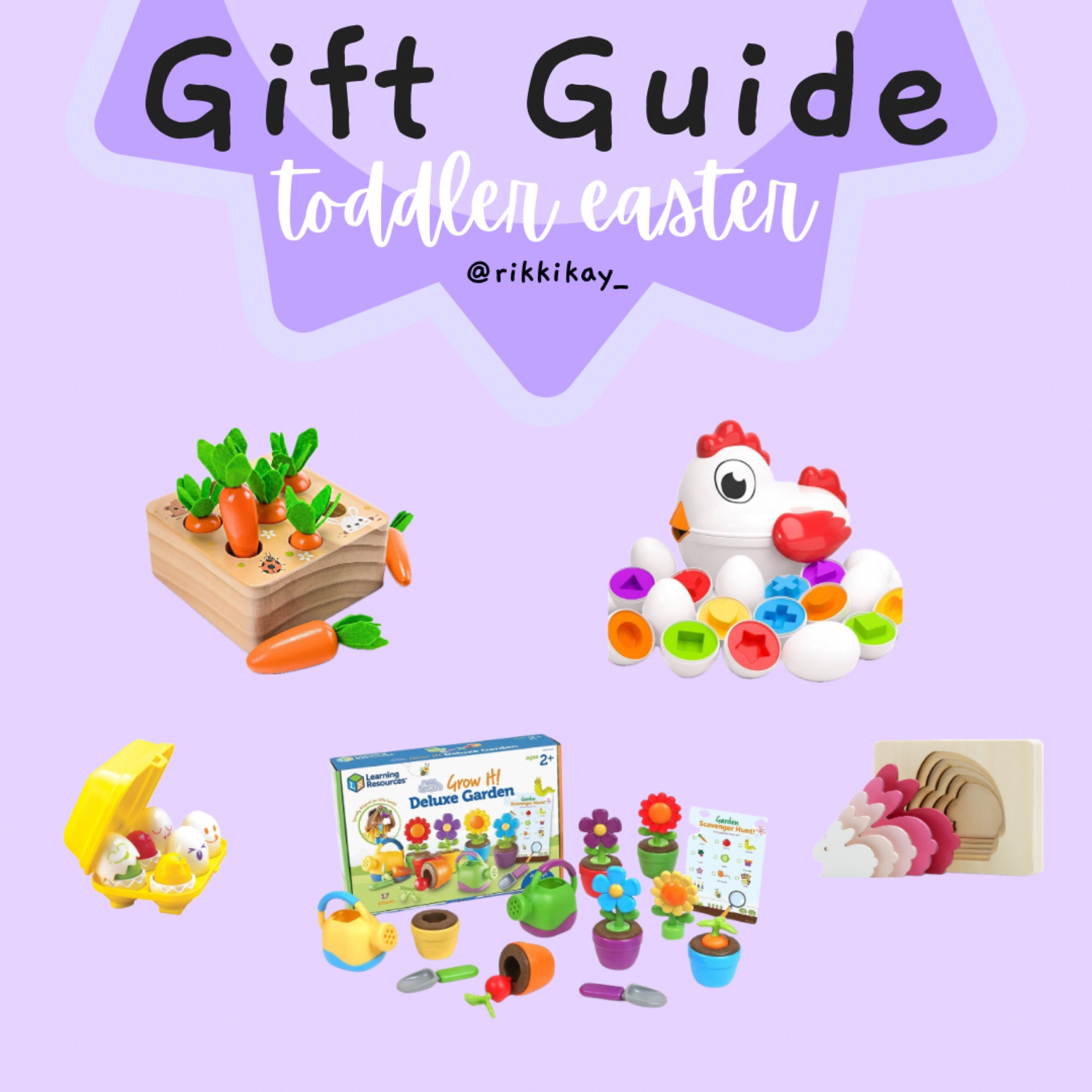 Easter Gift Guide for Toddlers
•
Toddler Gifts, Easter gifts, 3-5yo gifts, 2 year old gifts, 3 year old gifts, 4 year old gifts, 5 year old gifts, Easter basket, Montessori Easter, farm themed gifts, gardening gifts for kids, gardening for toddlers, shape matching, toddler puzzles, bunny puzzle 

#LTKSeasonal #LTKkids #LTKSpringSale