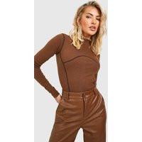 Womens Seam Detail Long Sleeve One Piece - Brown - 2 | boohoo (US & Canada)