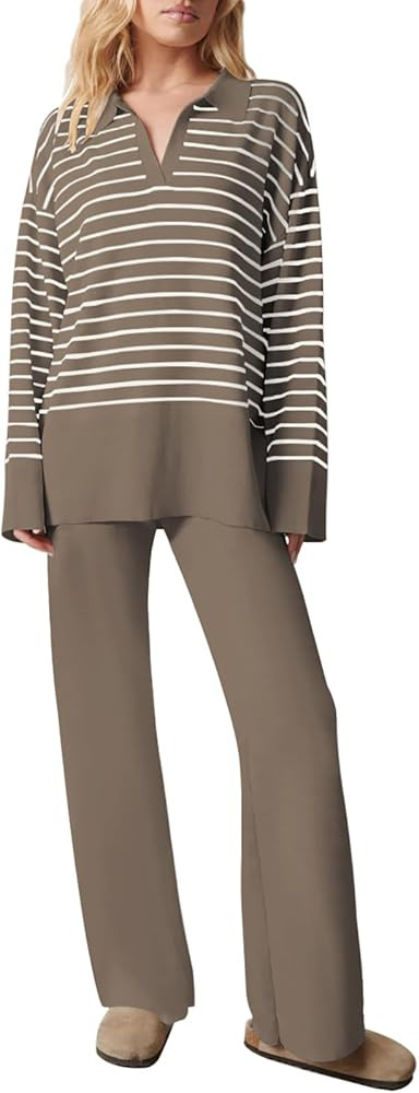 Pink Queen 2024 Fall Sweater Sets for Women 2 Piece Long Sleeve Collar V Neck Sweatsuit Knitted S... | Amazon (US)