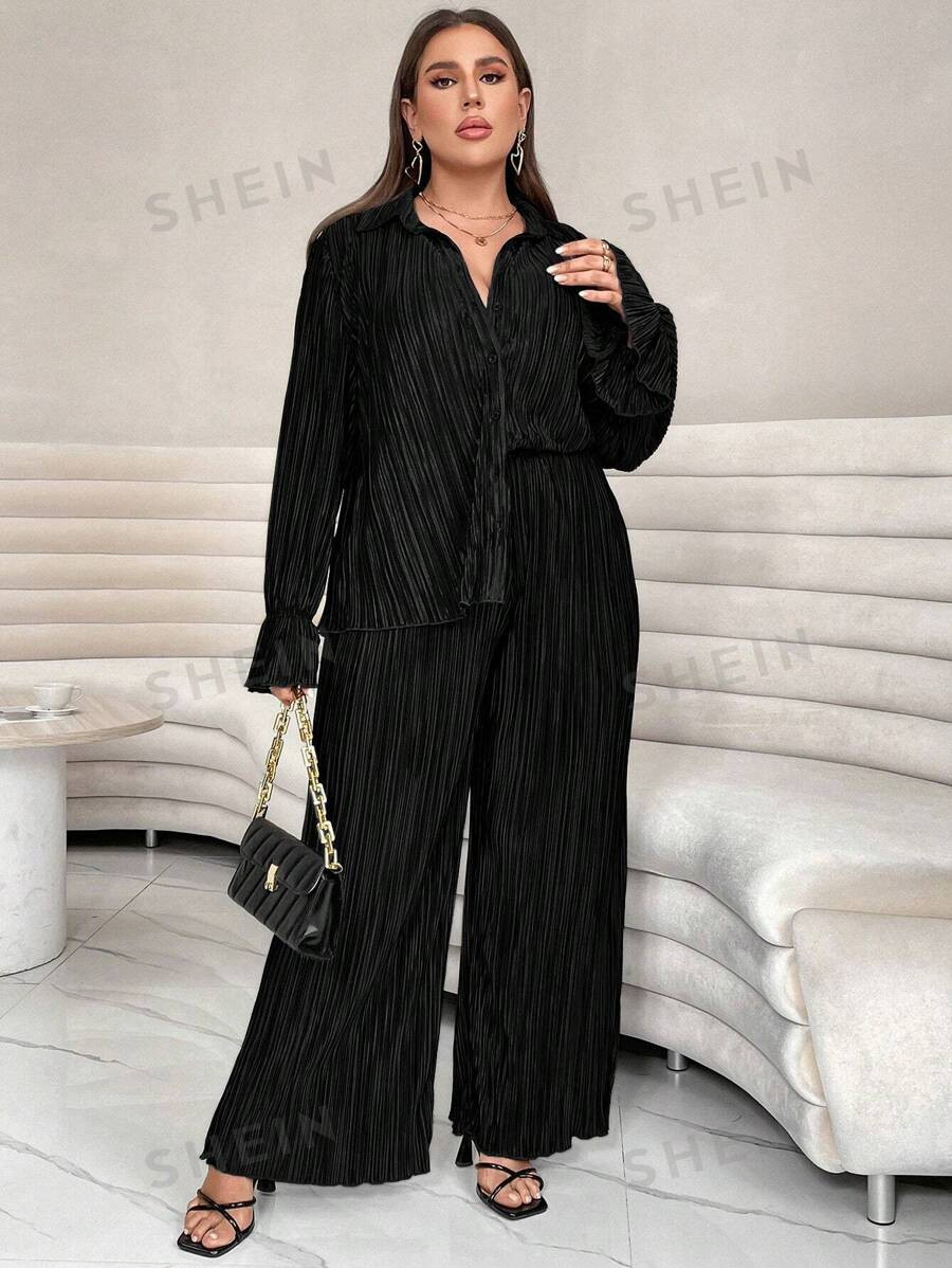 SHEIN Essnce Plus Flounce Sleeve Shirt & Wide Leg Pants | SHEIN