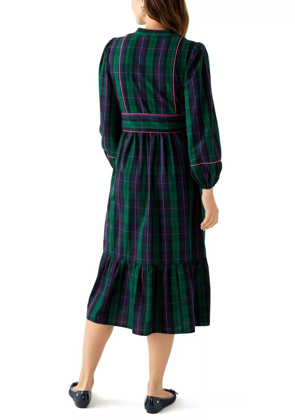 Crown & Ivy™Women's Blouson Sleeve Plaid Midi Dress with Self Belt | Belk