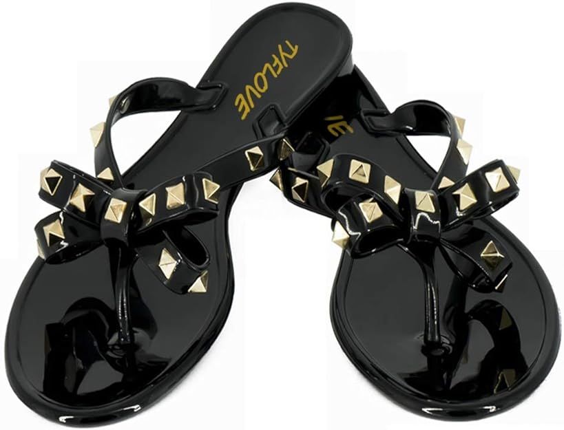 Women Rivet Flip Flops Studded Jelly Thong Sandals with Bow Summer Bowtie Flat Beach Rain Shoes | Amazon (US)