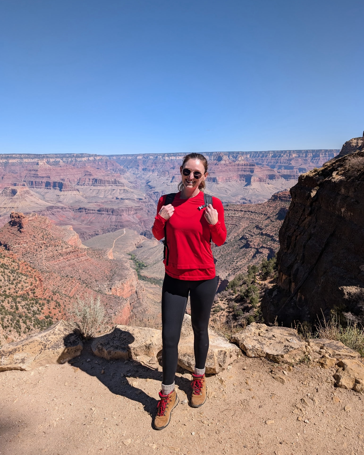 Affordable fall transition hiking or workout outfit. Grand Canyon outfit. Red active tank and matching long sleeve top over (sized up to L in both) , tall girl friendly black align dupe leggings, comfortable hiking boots 

#LTKActive #LTKTall #LTKTravel