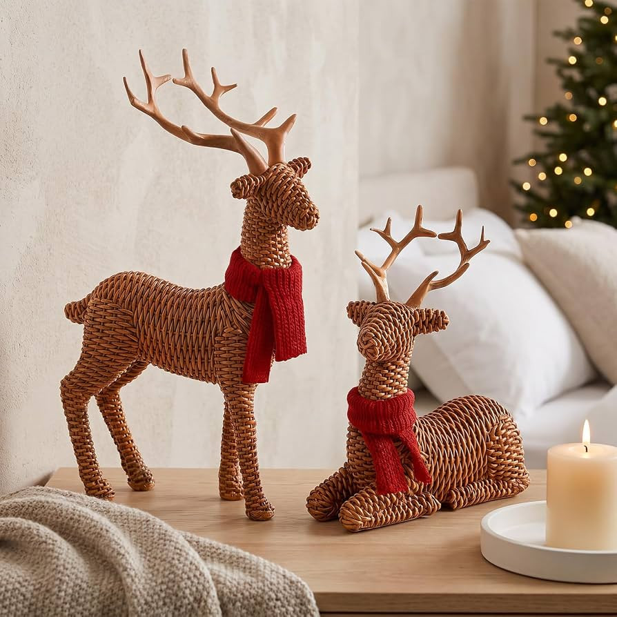 2PCS Resin Christmas Reindeer, Woven Style Tabletop Decor, Gift Box Set | Amazon (US)