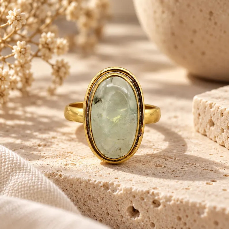 Prehnite Ring, Oval Green Gemstone Ring, Gold Tone Statement Ring, Minimalist Boho Jewelry, Natur... | Etsy (Global)