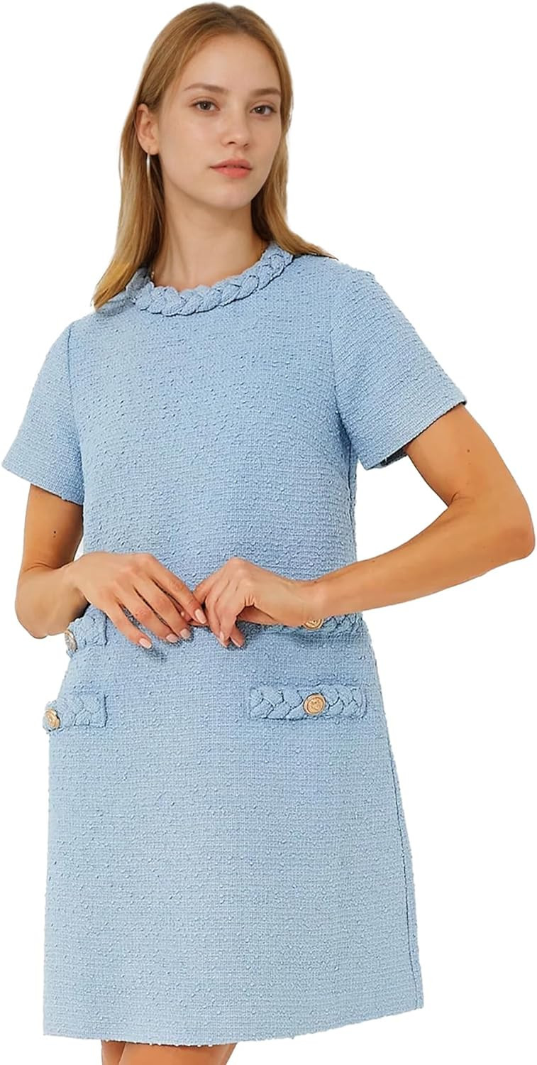 Womens Tweed Jackie Dress Elegant Crew Neck Short Sleeve Button Bodycon Mini Dress | Amazon (US)