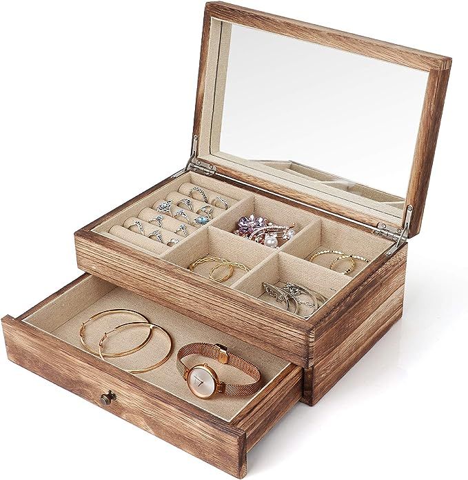 Meangood Jewelry Box Organizer for Women, 2 Layer Large Jewelry Storage Case, Rustic Wooden Jewel... | Amazon (US)