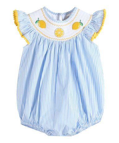 Lil Cactus Light Blue Stripe Lemons Smocked Ruffle Romper - Infant & Toddler | Zulily