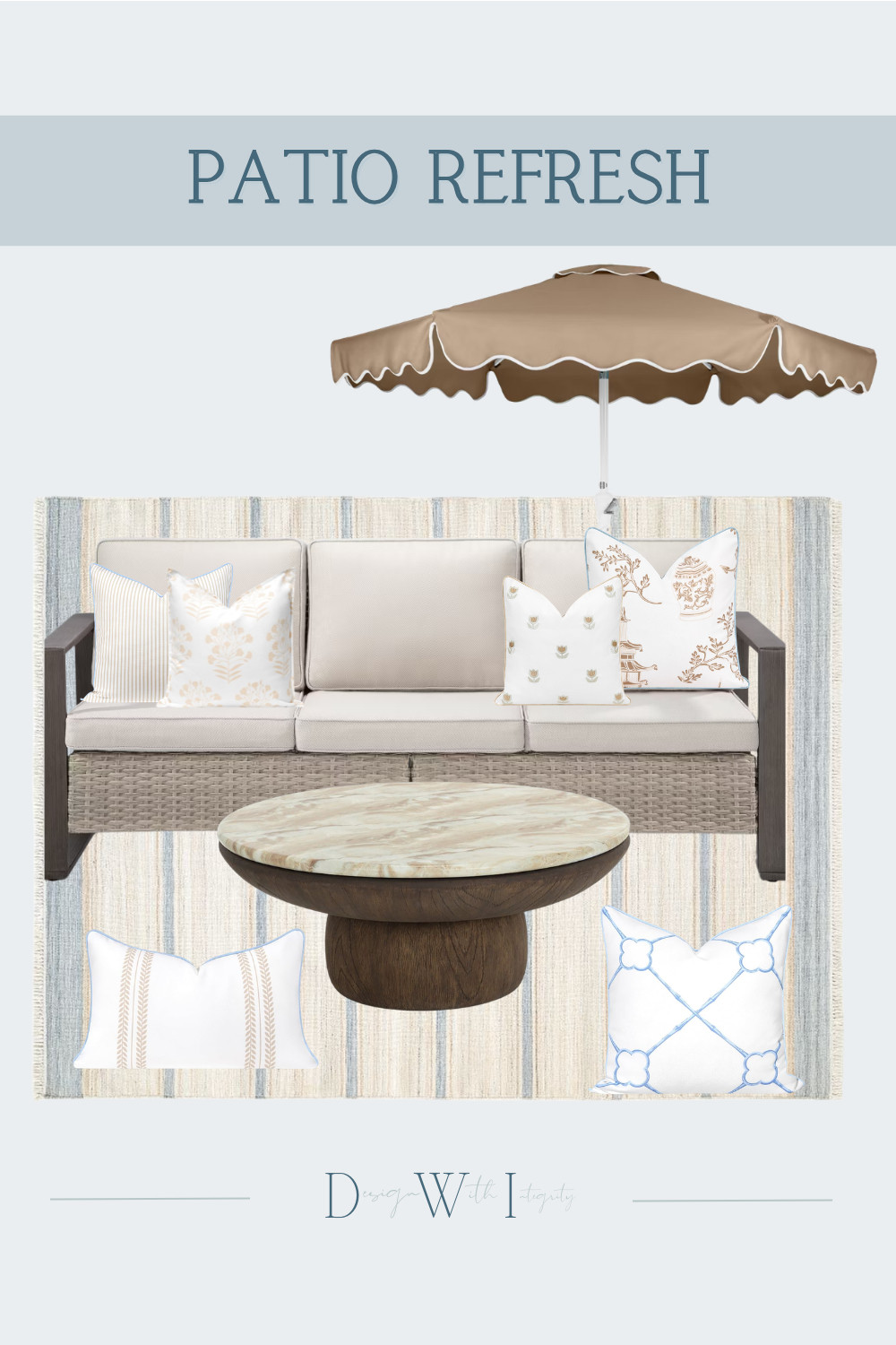 A soft, layered patio palette that feels polished without trying too hard. This outdoor look mixes warm neutrals with powder blue and subtle botanical patterns for a fresh take on classic outdoor living.

The pillow combination is all about balance. Delicate stripes and small scale florals add pattern without overwhelming the space, while touches of blue piping connect beautifully with the striped outdoor rug. Paired with woven seating, a sculptural wood and stone coffee table, and a scalloped neutral umbrella, the entire look feels collected, comfortable, and timeless.

Tap through to shop the outdoor pillows and patio finds and recreate the look in your own backyard.

#OutdoorLiving #OutdoorPillows #PatioDecor #PatioInspiration #OutdoorDecor #OutdoorFurniture #PatioRefresh #DesignerFinds 

 #LTKSeasonal #LTKHome