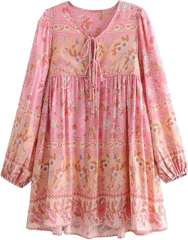 R.Vivimos Womens Long Sleeve Floral Casual Print Cotton Mini Tunic Dress | Amazon (US)