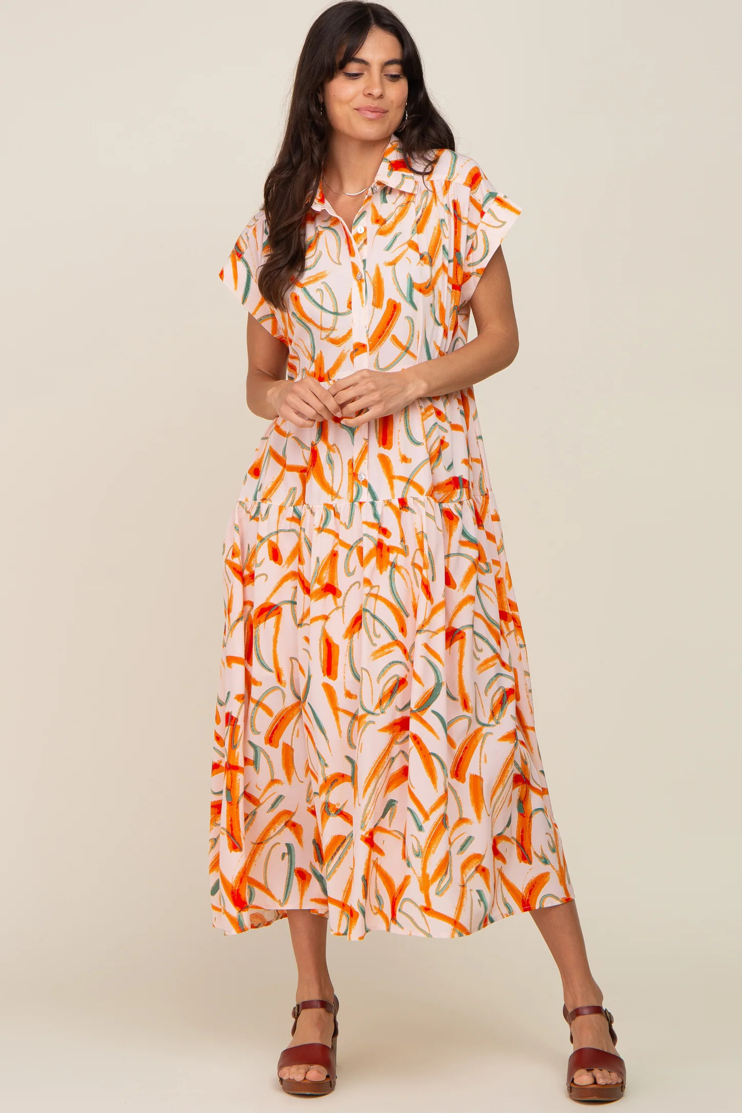 Peach Printed Button Down Collared Tiered Maternity Midi Dress | PinkBlush Maternity