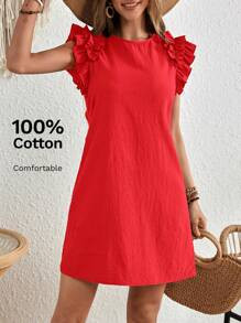 SHEIN JORESS Holiday Woven Solid Color Ruffle Trim Decorated Mini Dress For Women | SHEIN