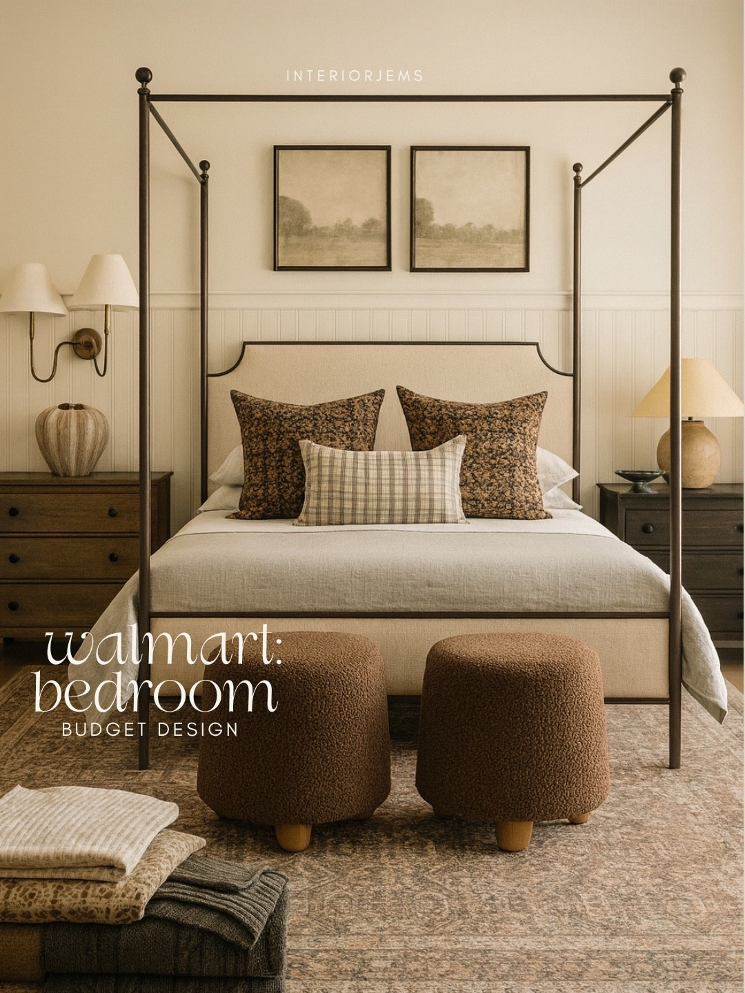 OK, the bed is from Wayfair, but it’s super affordable almost like Walmart pricing everything else is from Walmart, a bun foot Ottomans, double wall sconces, throw pillows, nightstand, table, lamp, bedroom, lighting, framed, and ready, art, art set

#LTKHome #LTKmomlife #LTKSaleAlert