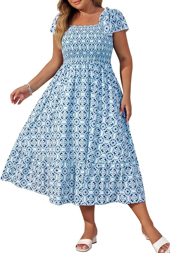 Hanna Nikole Women's Plus Size Summer Maxi Dress Short Sleeve Smocked Square Neck Casual Floral F... | Amazon (US)