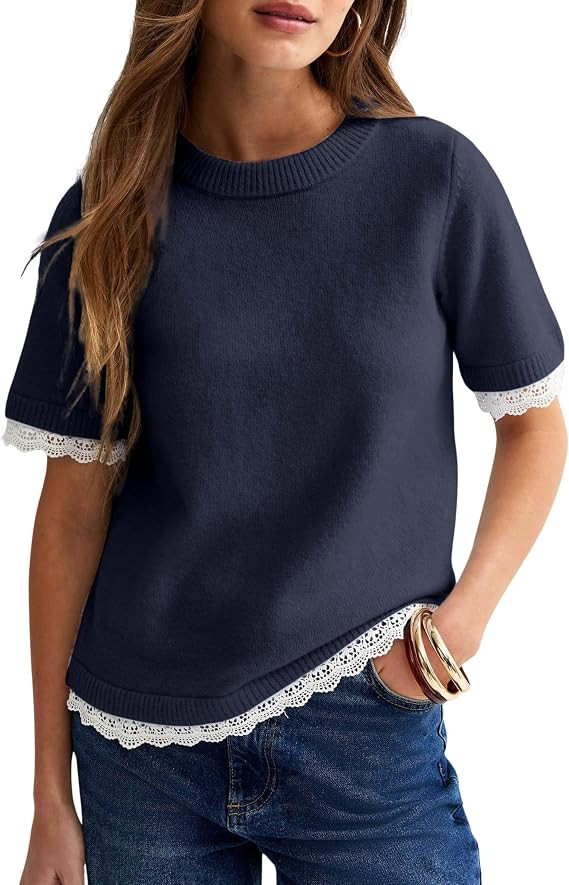 Himosyber Womens Short Sleeve Sweaters Crew Neck Lace Trim Sweater Shirts Casual Knit Pullover To... | Amazon (US)