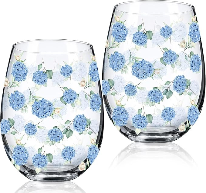 Sliner 2 Pack 17oz Hydrangea Stemless Wine Glasses Spring Summer Floral Drinking Glasses Hydrange... | Amazon (US)