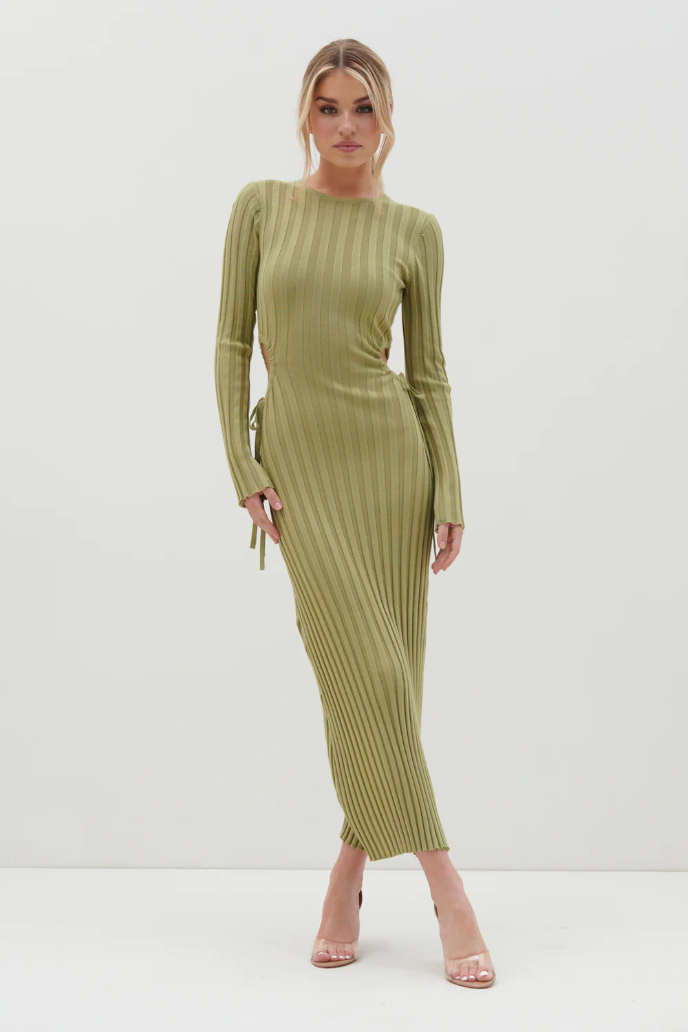 Dahlia Cut Out Maxi Knit Dress - Tarragon Green | Pretty Lavish (UK)