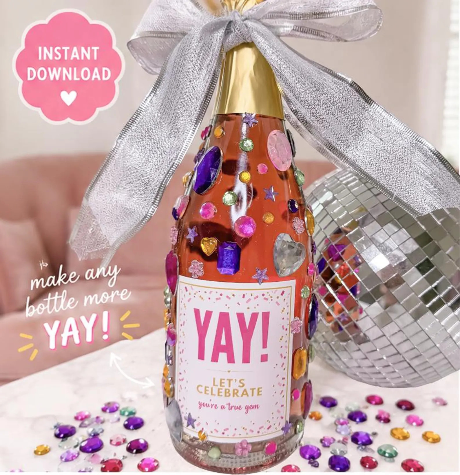 YAY Let’s Celebrate Rosé & Champagne Bottle Label | Printable Wine Label | DIY Celebration Gif... | Etsy (Global)