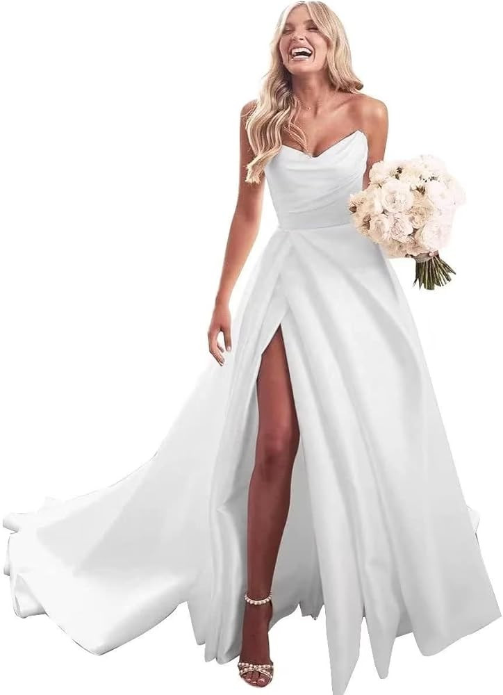 homdor Strapless Prom Dresses Long Ball Gown Satin Wedding Dress for Bride A Line Formal Evening ... | Amazon (US)