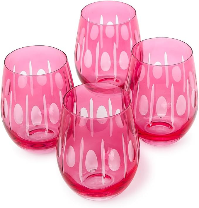 Two's Company Sparkling Cut Hand Engraved Stemless Wine Glasses, 16-Ounce, Glass, Pink, Set of 4 | Amazon (US)