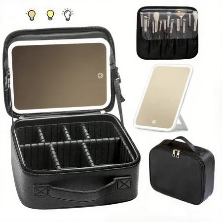 IDFINE Travel Makeup Bag With LED Mirror Cosmetic Train Case with Light up Mirror Portable Makeup Artist Organizer Bag with Adjustable Dividers Makeup Brush Holder Storage Black | Walmart (US)