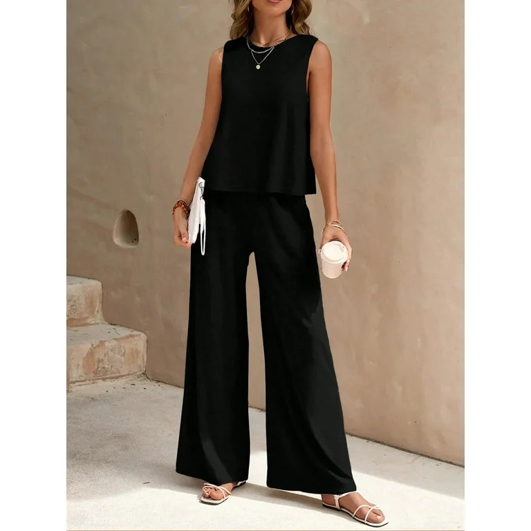 MOSHU Two Piece Lounge Sets for Women Loose Fit Tank Tops and Wide Leg Pants with Pockets Solid S... | Walmart (US)
