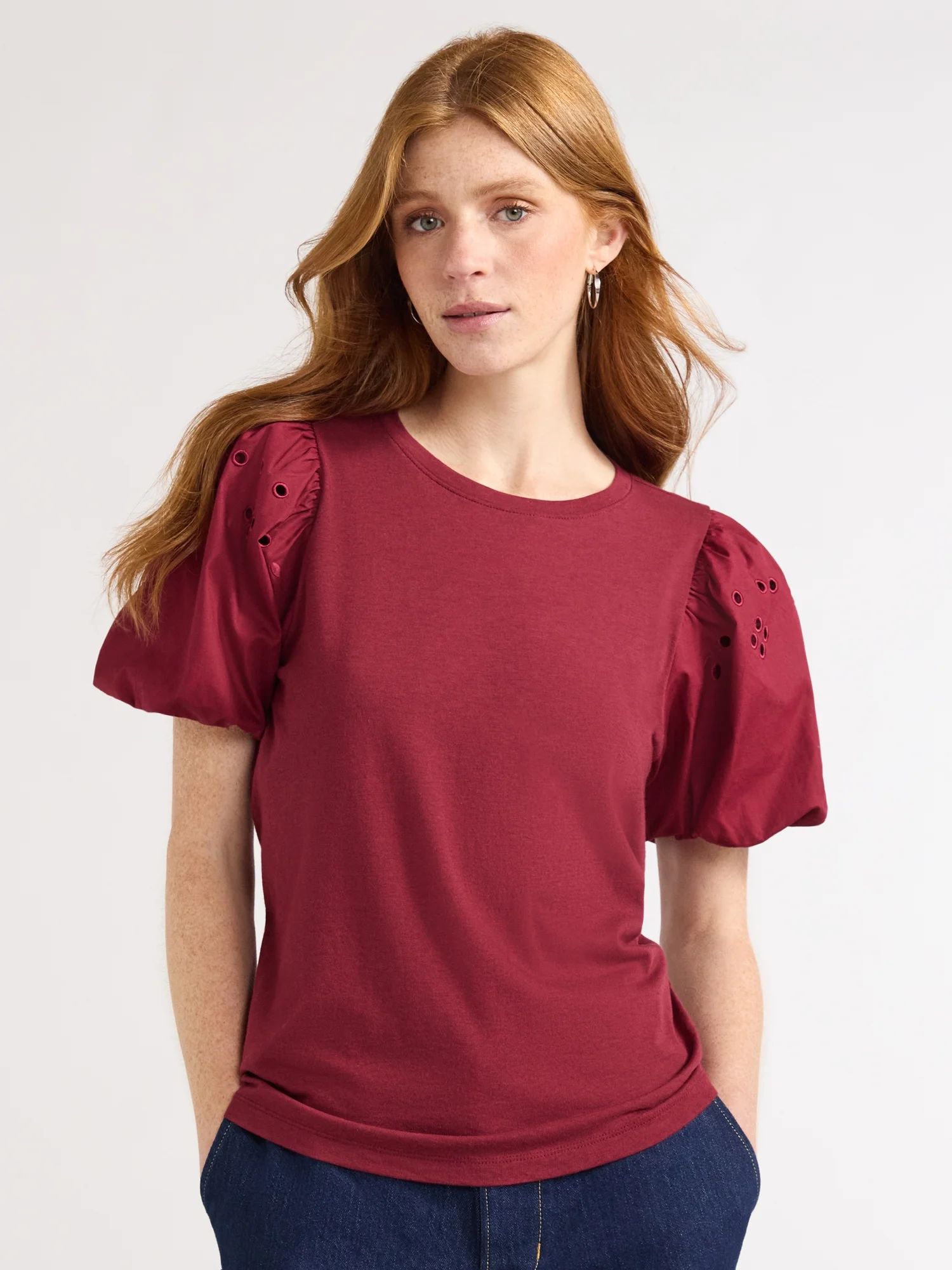 Free Assembly Women's T-Shirt with Embroidered Eyelet Sleeves, Sizes XS-XXL | Walmart (US)