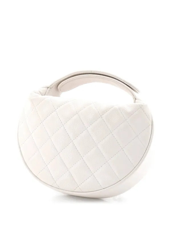 CHANEL Pre-Owned Double Chain Bow Pouch Quilted Caviar Mini Hobo Bag | White | FARFETCH | Farfetch Global