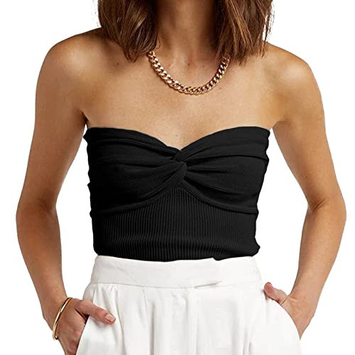 Womens Strapless Crop Top Sexy Sweetheart Neck Ribbed Knit Twisted Knot Front Sleeveless Y2K CamisoleTanks Top Black | Amazon (US)
