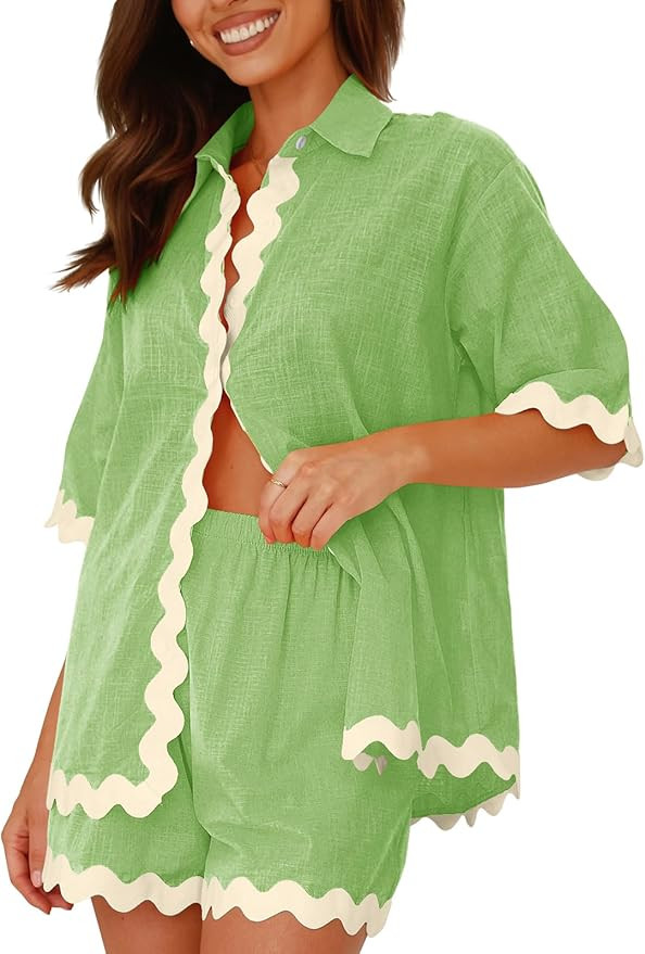 Womens 2024 Summer 2 Piece Matching set Summer Beach Outfits Long Sleeve Oversized Shirts And Sho... | Amazon (US)