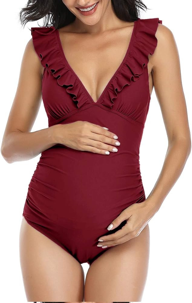 Summer Mae Maternity Swimsuit V Neck One Piece Swimsuit Ruffled Lace Up Monokini | Amazon (US)