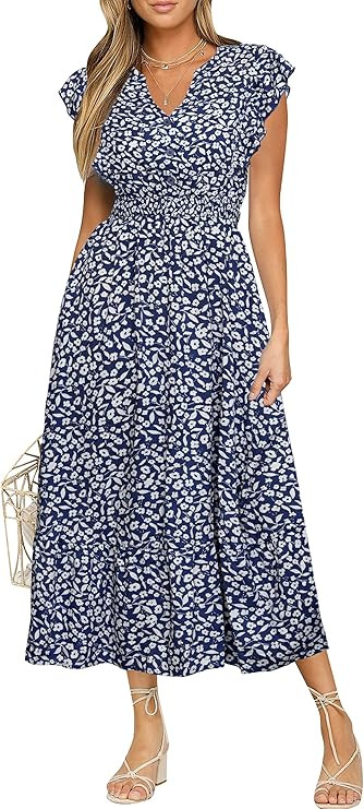 BerryGo Womens Summer Floral Maxi Dress Casual Boho V Neck Ruffle Short Sleeve Beach Long Dresses... | Amazon (US)