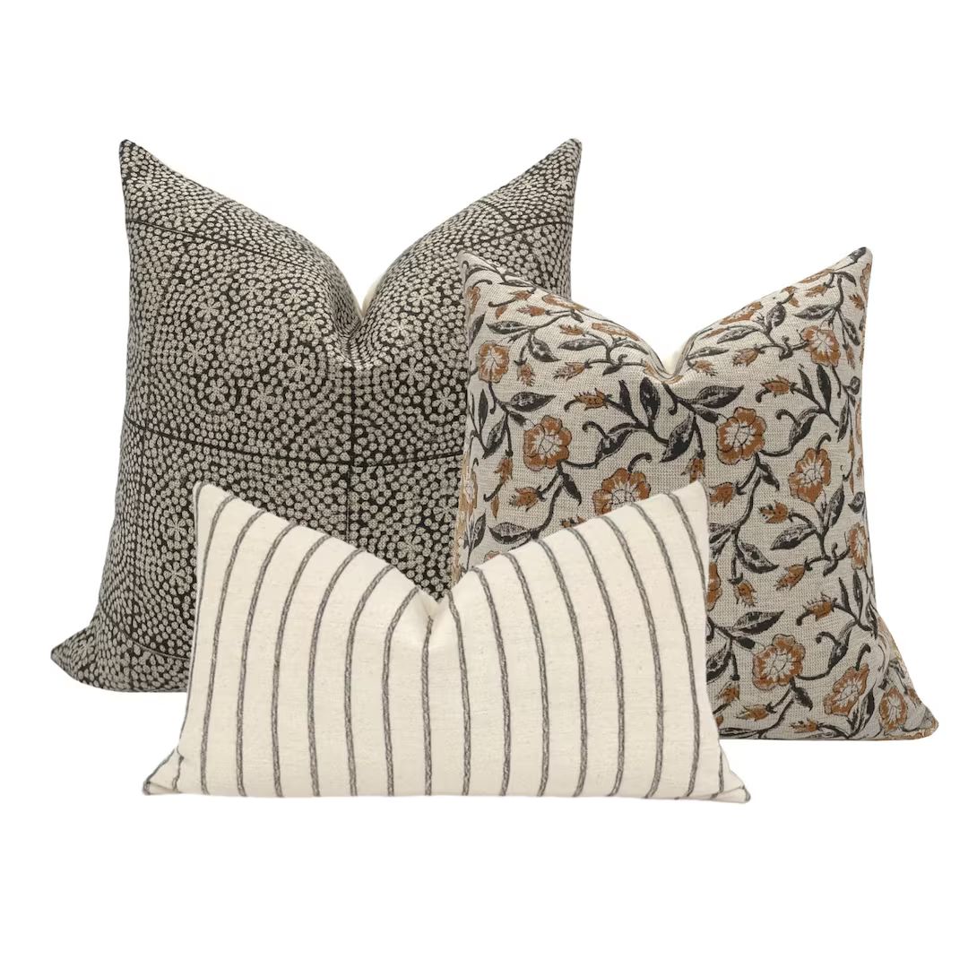 PILLOW COMBO || Set Of Three Designer Pillow Covers, Black Block Print Linen Pillow, Rust Floral ... | Etsy (US)