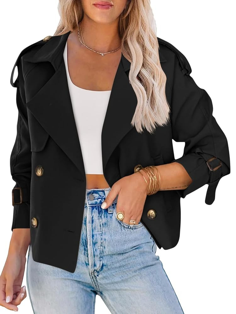 Saodimallsu Women Crop Double Breasted Trench Coat Raglan Sleeve Work Office Cropped Jacket With ... | Amazon (US)