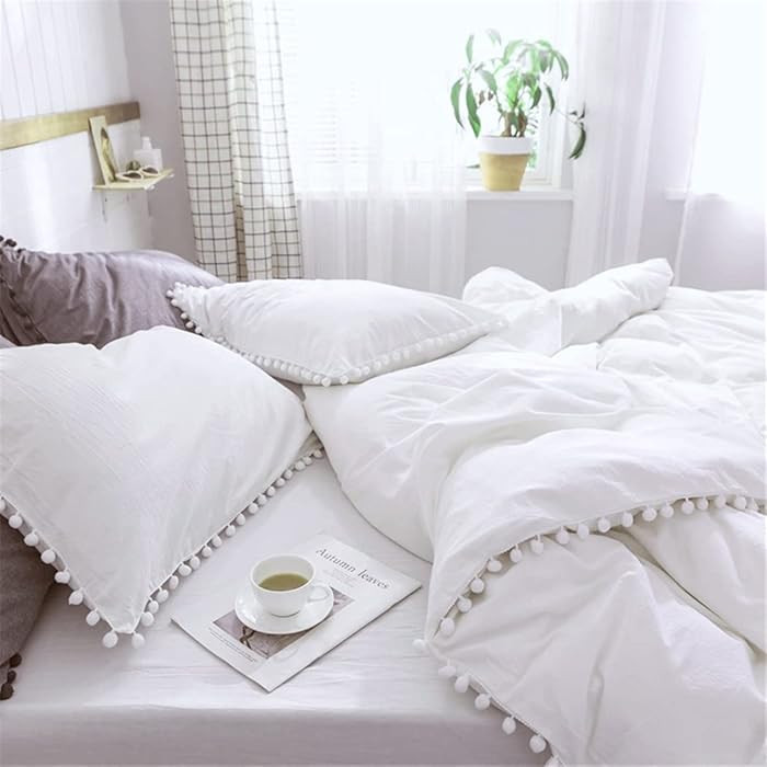 IHOUSTRIY Pom Poms Tassel Duvet Cover Set, Super Soft Lightweight Microfiber, Ball Fringe Pattern... | Amazon (US)