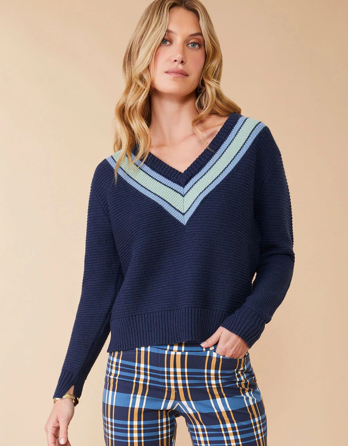 Aster V-neck Pullover Deep Indigo Stripe | Spartina 449