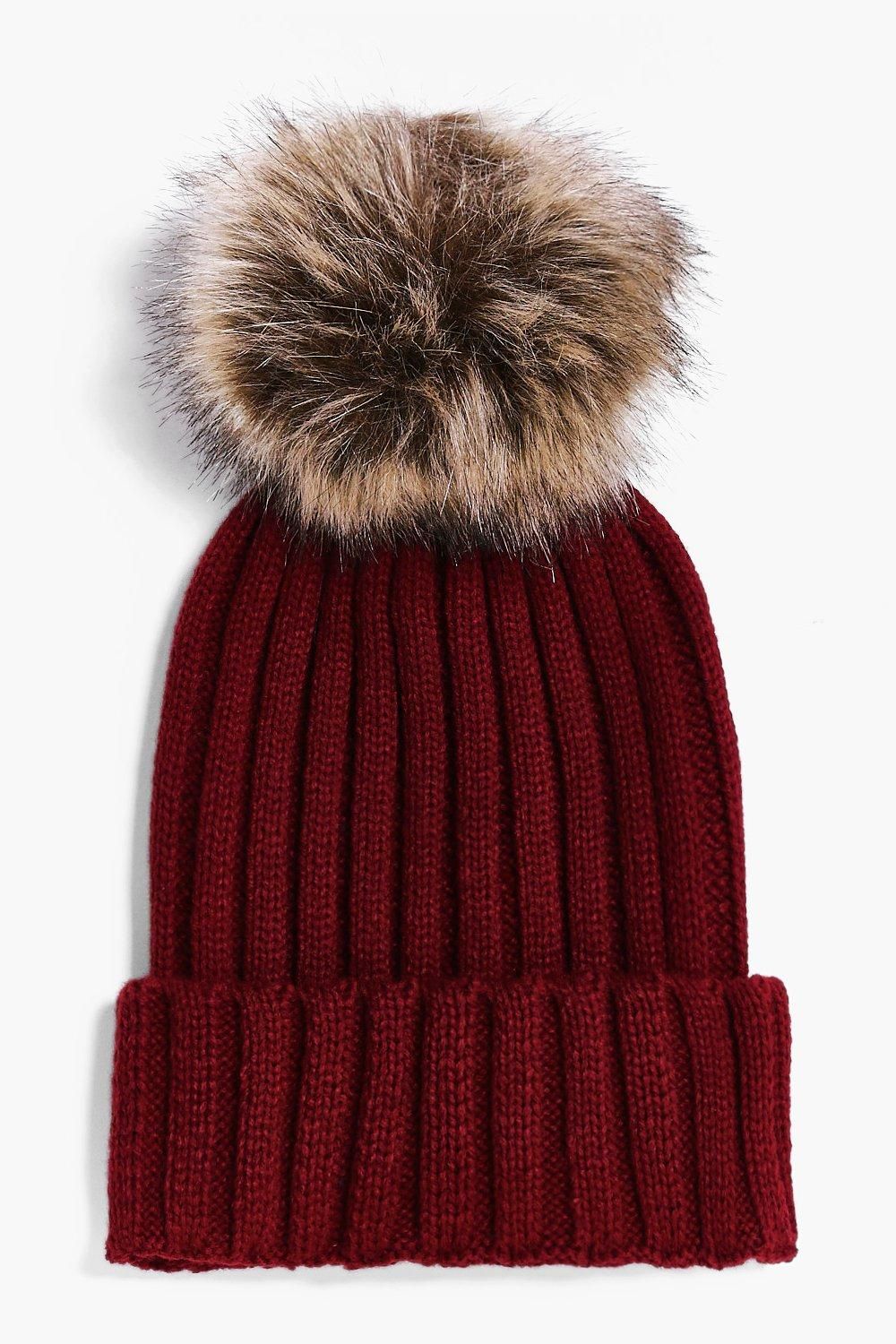 Laura Rib Knit Faux Fur Pom Beanie Hat | Boohoo.com (US & CA)