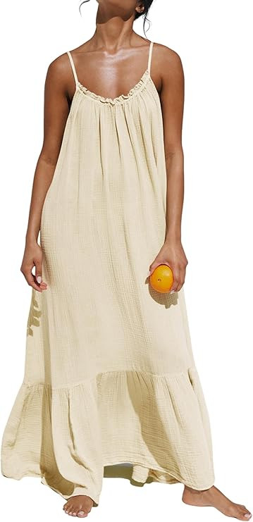 R.Vivimos Women's Summer Cotton Maxi Dress Adjustable Spaghetti Strap Boho Casual Backless Ruffle... | Amazon (US)