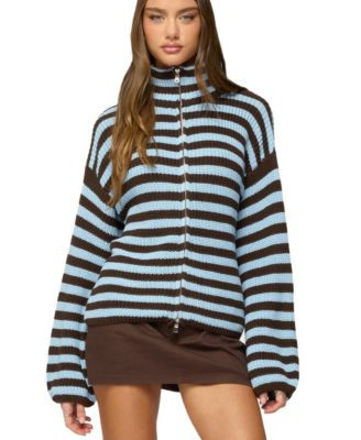 Women's High Neck Striped Zip Up Sweater | Macy's