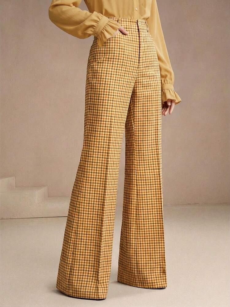 Anewsta Women's Plaid Print Trousers With Rivet Pockets, Elegant Business Casual Flare Pants For Spring/Summer Commute | SHEIN USA Pants | SHEIN