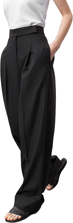 JEAAMKSSER Women’s Wide Leg Trousers Pants High Waisted Black Business Work Straight Leg Long P... | Amazon (US)