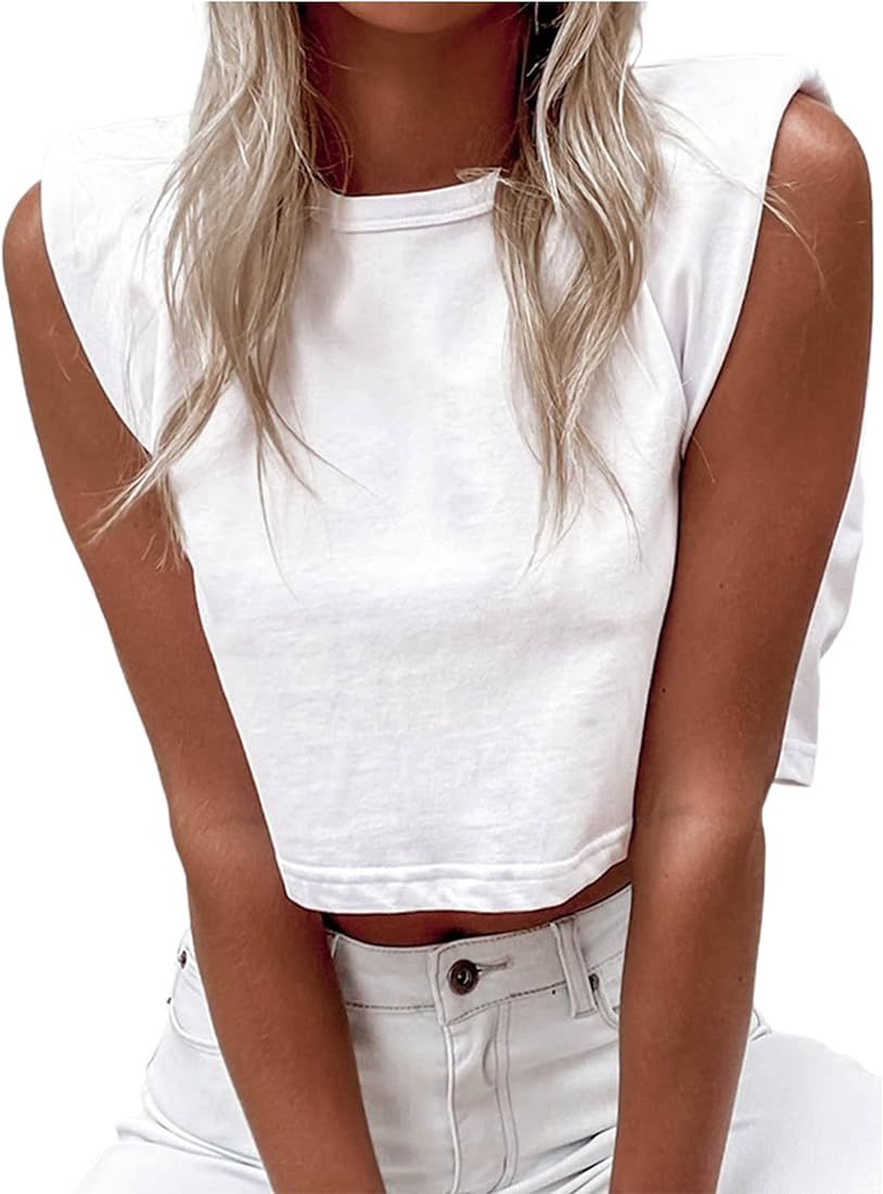 Remidoo Women's Casual Shoulder Pad Crop Top Round Neck Sleeveless Cropped Tank Tops Shirt White Lar | Amazon (US)