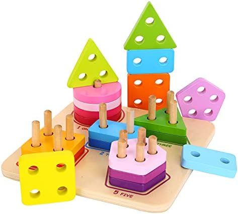 TOOKYLAND Wooden Sorting & Stacking Toys for Toddlers, Educational Shape Color Recognition Puzzle To | Amazon (US)