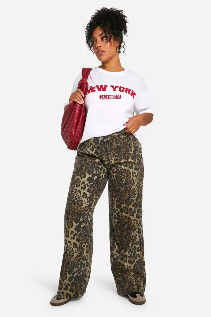 Plus Leopard Print Denim Wide Leg Jean | boohoo (US & Canada)