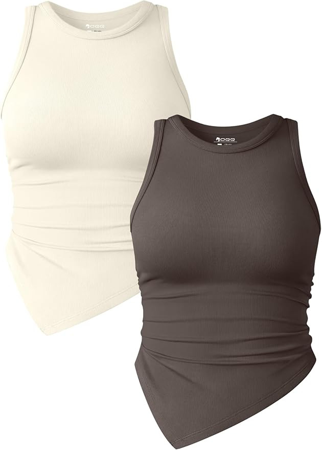 OQQ Women's 2 Piece Tank Tops Ruched Crew Neck Sleeveless Basic Stretch Tee Shirts | Amazon (US)