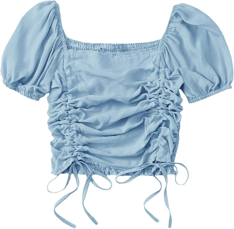 SheIn Women's Puff Short Sleeve Square Neck Shirred Drawstring Crop Blouse Top | Amazon (US)