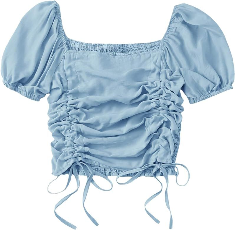 SheIn Women's Puff Short Sleeve Square Neck Shirred Drawstring Crop Blouse Top | Amazon (US)