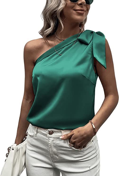 SheIn Women's Satin One Shoulder Tunic Tops Sleeveless Tie Knot Shirt Blouses | Amazon (US)