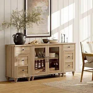 WAMPAT Sideboard Buffet Cabinets with Glass Door, Kitchen Storage Cabinets with Charging Station,... | Amazon (US)
